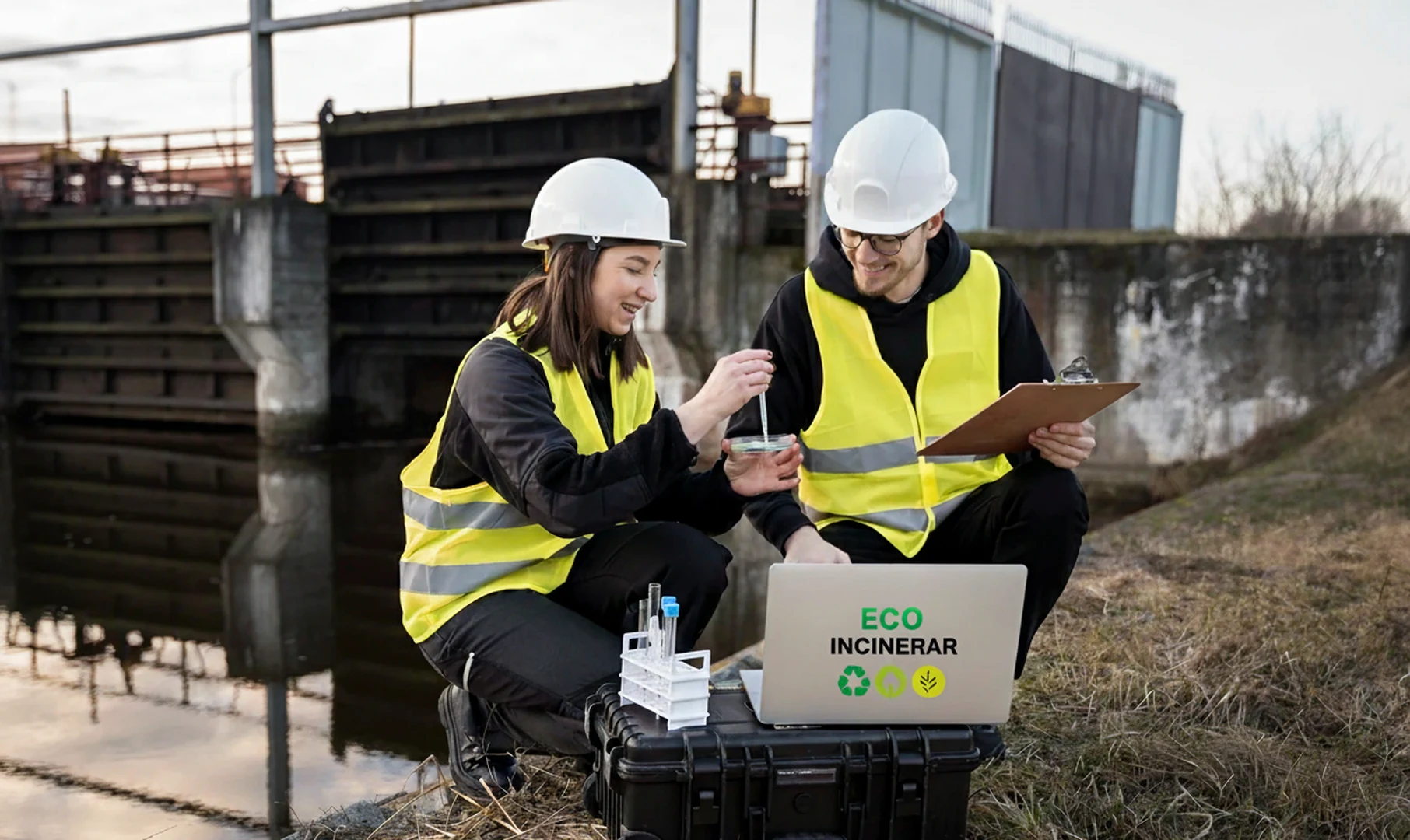 Equipe técnica inspecionando área industrial