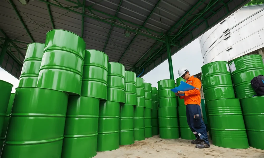 Bombonas e pallets organizados em armazém